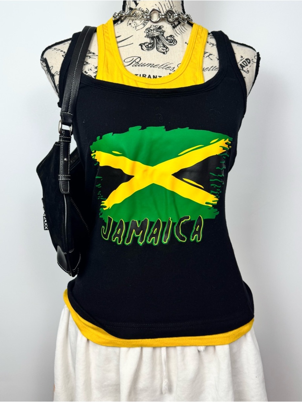 Black Jamaica Graphic Tank Top with Yellow Trim